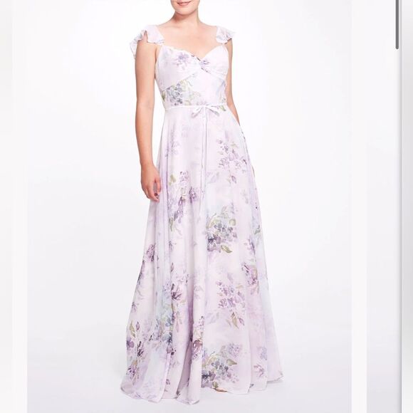 Marchesa Lilac Floral Chiffon Gown with Ruffle Cami Straps and Waist Tie Sz 0 - Picture 1 of 14